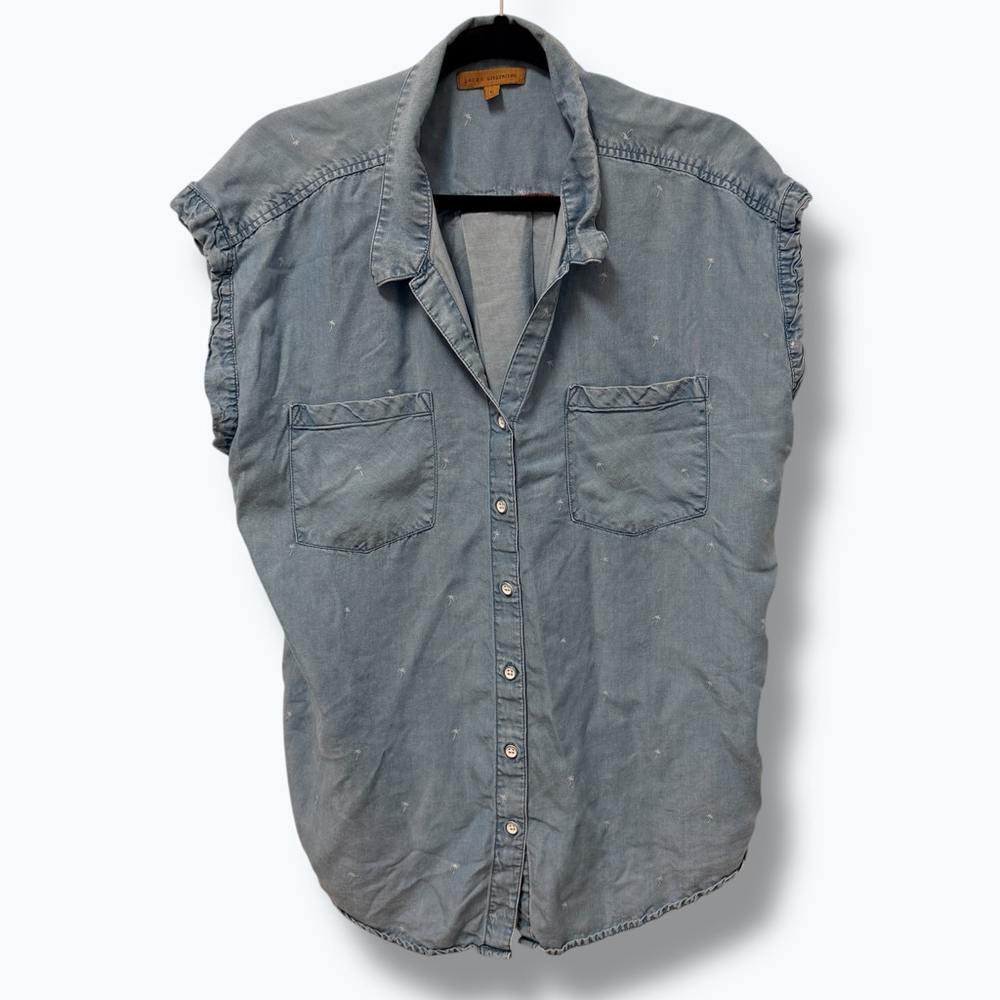 Jachs Girlfriend Chambray Sleeveless Button Front Top Palm Tree Print Size L